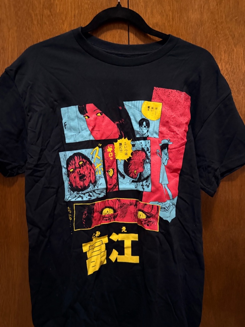 Black Graphic Short Sleeve Tee with Red, Yellow & Blue Comic Panels
